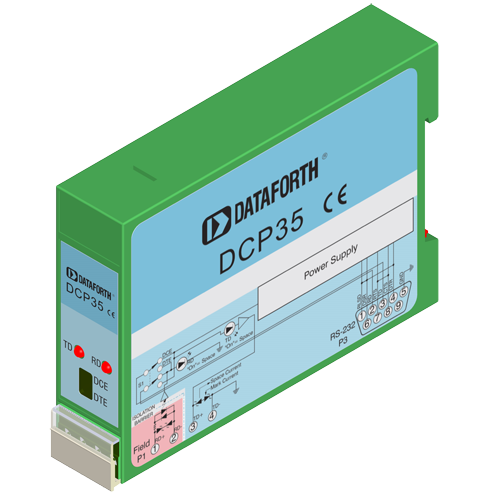 DCP35-P: DIN Rail Dual Port Signal-Powered RS-232 Line Driver, 1 channel male 9-pin connector, screw terminals termination